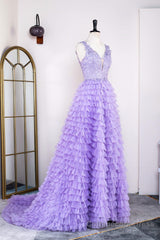 Lavender Plunging V Neck Appliques Layers Long Prom Dress with Slit