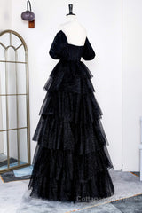 Saprkly Black Off-Shoulder Puff Sleeves Layers Long Prom Dress