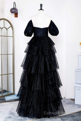 Saprkly Black Off-Shoulder Puff Sleeves Layers Long Prom Dress