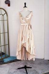 Champagne Ruffled Faux-Wrapped A-line Hi-Low Bridesmaid Dress with Sash