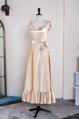 Champagne Sleeveless Ruffled A-line Tea-Length Bridesmaid Dress with Sash