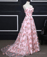 Pink Tulle 3D Flowers Long Prom Dress, Pink Evening Dress