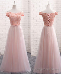 A Line Lace Tulle Off Shoulder Long Prom Dress, Evening Dress