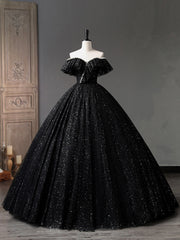 Black Tulle Long A-Line Prom Dress, Shiny Off Shoulder Evening Dress