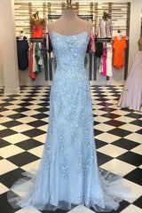 Blue Spaghetti Straps Backless Appliques Prom Dress