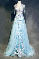 Modest Square Neckline Beading Appliques Sky Blue Long Prom Dresses Pageant Gown