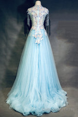 Modest Square Neckline Beading Appliques Sky Blue Long Prom Dresses Pageant Gown