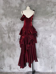 Red Shimmer Asymmetrical Layered Flounce Spaghetti Strap Dress Evening Gown