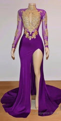 Unique Prom Dresses, Long Sleeve High Neck Beaded Split Prom Dresses