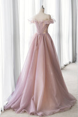 Pink Tulle Long A-line Prom Dress, Lovely Off the Shoulder Evening Dress