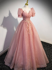 Pink Tulle Floor Length Prom Dress with Short Sleeve, Beautiful A-Line Evening Dress