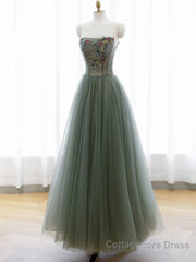 A-Line Green Tulle Long Prom Dress, Off the Shoulder Evening Party Dress