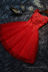 Cute Lace Short A-Line Prom Dresses, Off the Shoulder Party Dresses