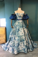 Blue Floral Long Senior Prom Dress, Blue A-Line Evening Dress