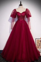 Burgundy Tulle Beading Long Prom Dresses, A-Line Formal Evening Dresses