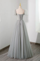 Gray Tulle Beading Long Prom Dress, A-Line Short Sleeve Evening Dress