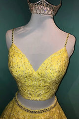 Yellow Lace Two Pieces Prom Dress, A-Line Evening Party Dress