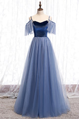 Blue Velvet Tulle Long Prom Dresses, Blue A-Line Evening Dresses