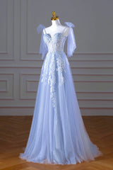 Blue Spaghetti Strap Tulle Lace Long Prom Dress, A-Line Evening Party Dress