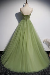 Green Tulle Long A-Line Prom Dresses, Green Spaghetti Straps Evening Dresses