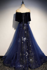 Blue Velvet Tulle Long Prom Dresses, Blue Formal Evening Dresses