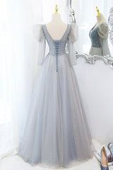 Cute V-Neck Tulle Beaded Long Prom Dress, Gray A-Line Evening Party Dress