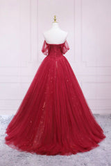 Burgundy Off the Shoulder Prom Dress, A-Line Evening Dress