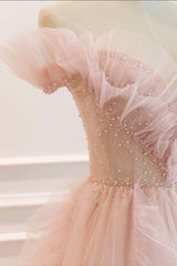 Pink Tulle Long Prom Dresses, A-Line Graduation Dresses