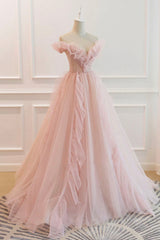 Pink Tulle Long Prom Dresses, A-Line Graduation Dresses