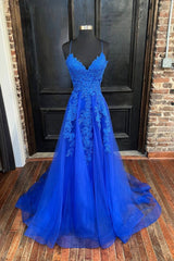 Blue V-Neck Tulle Long Prom Dresses, Elegant A-Line Lace Evening Dresses