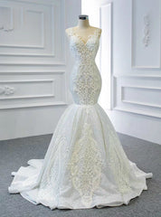 White Mermaid Sequins V-neck Appliques Beading Wedding Dress