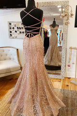 Mermaid V-Neck Rose Gold Long Prom Dress with Criss Cross Back