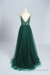 Green V-Neckline Beaded Tulle Floor Length Party Dress, A-Line Green Prom Dress