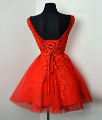 Red Lace Round Neckline Short Party Dress, Red Short Homecoming Dress