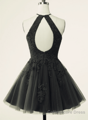 Black Halter Tulle With Lace Short Party Dress, Black Tulle Homecoming Dress