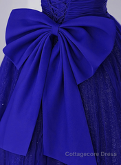 Royal Blue Scoop Tulle Short Sleeves Long Prom Dress, Royal Blue A-Line Party Dress