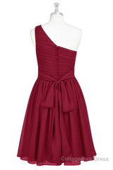 Wine Red Chiffon One-Shoulder Gathered Short Bridesmaid Dress