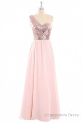 One-Shoulder Sequin and Chiffon A-Line Long Bridesmaid Dress