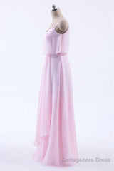 Pink Flounce Chiffon Straps A-line Long Bridesmaid Dress