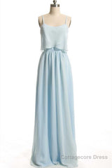 Dusty Blue Chiffon Spaghetti Straps Ruffled Long Bridesmaid Dress