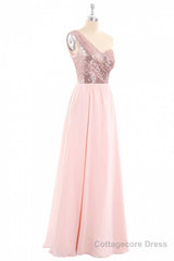 One-Shoulder Sequin and Chiffon A-Line Long Bridesmaid Dress