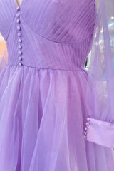 Lavender Tulle V Neck Illusion Neck Pleated Long Prom Dress