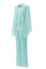 Aqua Three-Piece Chiffon Mother of the Bride Pant Suits