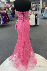 Hot Pink Appliques Strapless Mermaid Long Prom Dress