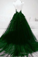 Dark Green Tulle With Lace Deep Neckline Backless Prom Dress, Dark Green Party Dress