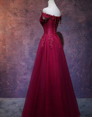 Beautiful Wine Red Tulle Sweetheart Long Prom Dress, A-line Party Dress