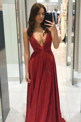 Red Spaghetti Straps V-neck Long Prom Dress, Shiny A Line Party Gown