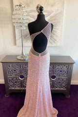 Pink Mermaid One Shoulder Sequins Keyhole Long Prom Dress with Slit