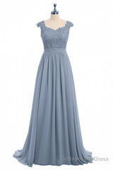 Dusty Blue Lace Cap Sleeve A-Line Floor-Length Bridesmaid Dress