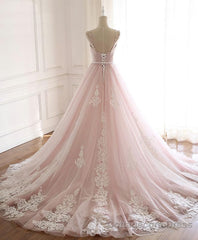 Pink Sweetheart Lace Tulle Long Prom Dress, Lace Pink Evening Dress